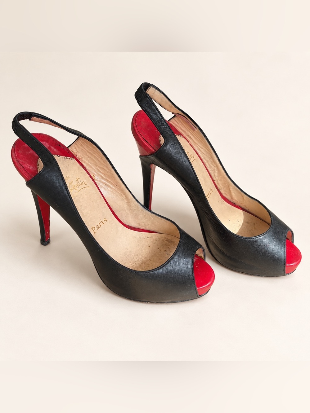 Christian Louboutin Black Leather Peep Toe Platform Slingbacks 38 + Box